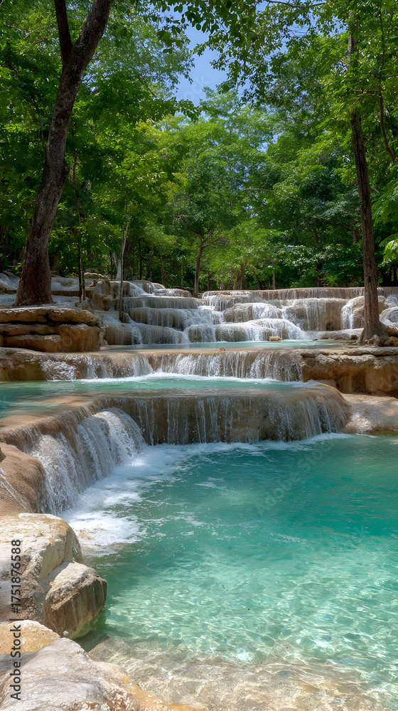 Naklejka premium waterfall cascading into turquoise pool surrounded by lush green tropical forest