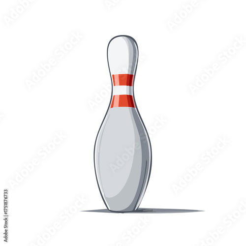 Isolated White Bowling Pin with Red Stripes, Detailed Cartoon Illustration on White