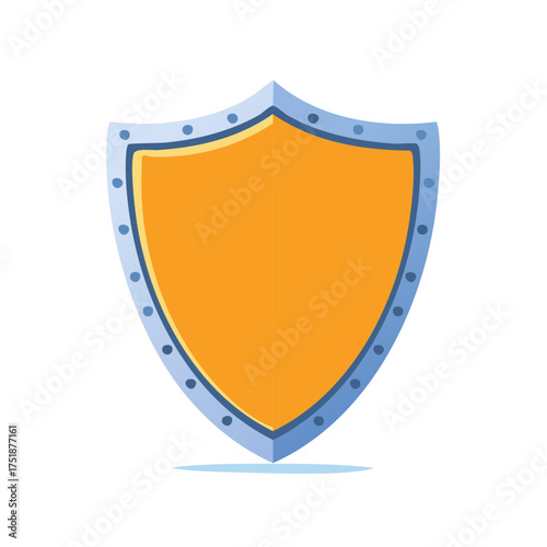 Bold Orange and Blue Shield Icon Vector Illustration Symbolizes Protection and Security, Riveted Edge Frame, Isolated