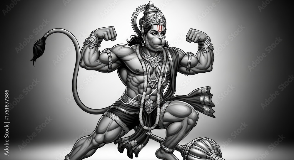 Fototapeta premium Powerful Muscular Figure Showing Strength, Monochrome Spiritual Art