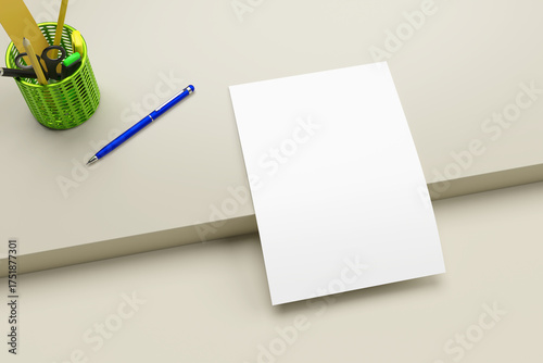 Blank white A4 flyer on a table with stationery. 3D rendering. Clean mockup, suitable for presentations and branding.