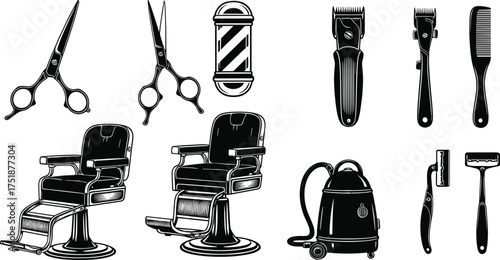 Black silhouette vector of barber tools, scissors, comb, razor, hair clipper, barber chair, salon equipment, grooming accessories isolated white