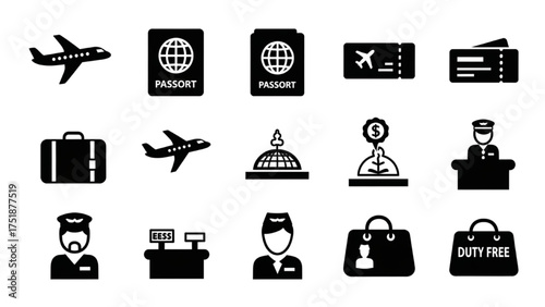 Comprehensive Collection of Airport and Flight Related Vector Icons for Modern Global Travel and Vacation Planning