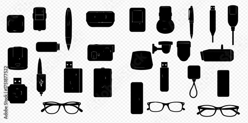 A collection of various modern electronic gadgets and personal accessories shown in black silhouette form.