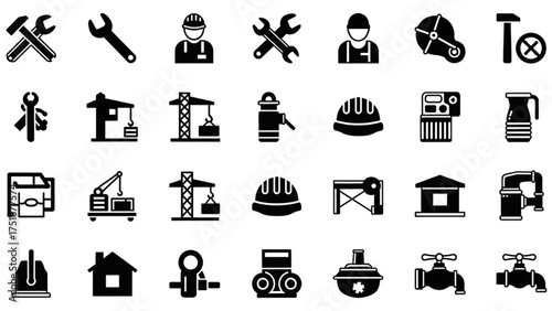 Set of solid black icons representing construction tools, engineering, and building industry