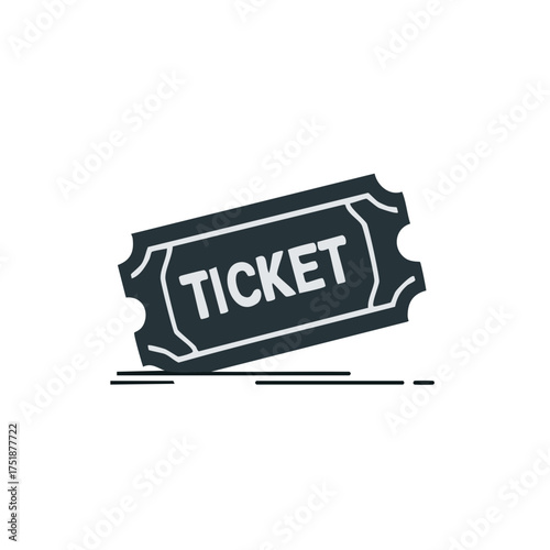 Dark gray ticket with the word ticket in white text on a white background