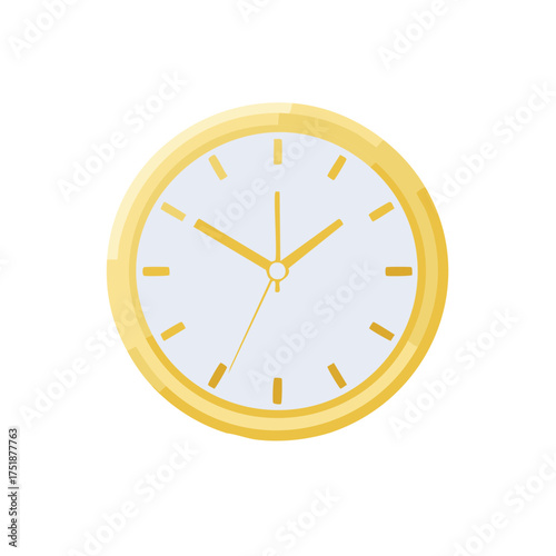Simple gold analog clock face with hour and minute hands indicating time on a plain light gray background