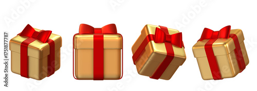 Set of golden gift boxes for surprise and celebration, 3D illustration isolated on transparent background.