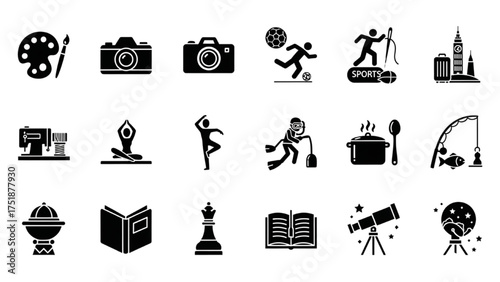 A diverse set of black glyph icons representing various hobbies and interests