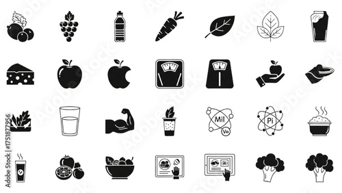 Healthy Lifestyle and Nutrition Icons Diet, Fitness, and Wellness