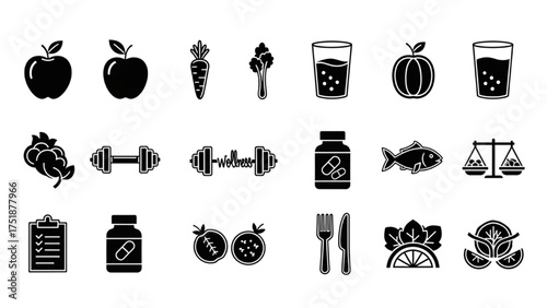 Healthy Lifestyle and Fitness Icons Set for Wellness and Nutrition