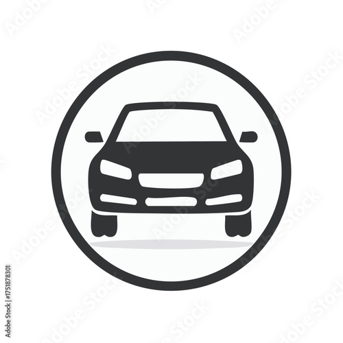 Modern Car Icon Front View Emblem in Circle Symbol Black and White Graphic