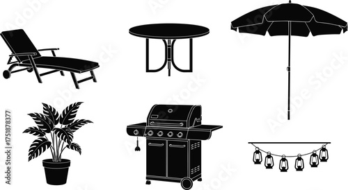 Black silhouette vector of patio furniture, sun lounger, outdoor table, garden umbrella, barbecue grill, potted plant, string lights illustration