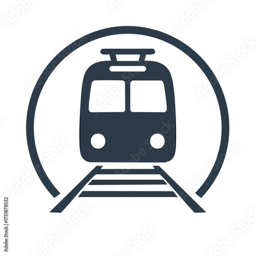 Modern Electric Train Icon Symbol on Railway Tracks in Circle for Transportation