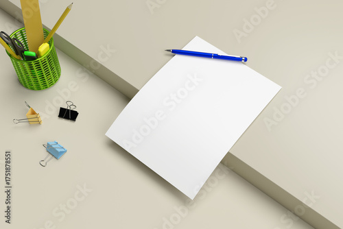 Blank white A4 flyer on a table with stationery. 3D rendering. Clean mockup, suitable for presentations and branding.