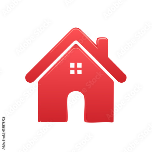 Red house icon with chimney and window symbol represents homeownership and real estate.