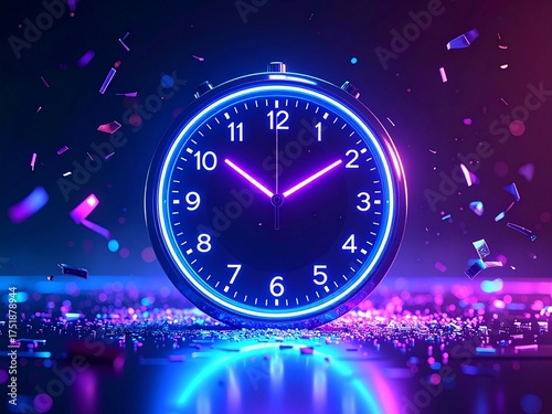 A modern futuristic digital clock glowing with neon blue and purple lights surrounded by holographic confetti. 