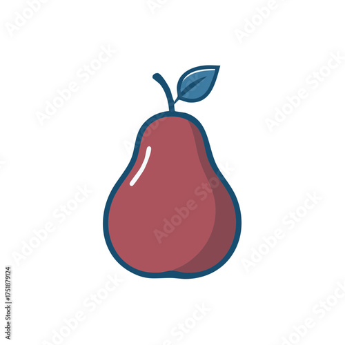Stylized red pear fruit with blue leaf and stem, isolated on white
