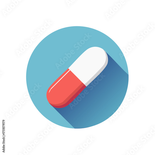 Isolated capsule pill in red white colors with long shadow over blue circle flat design