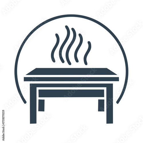 Hot Food Station Icon with Steam Heat Table Circular Outline Design