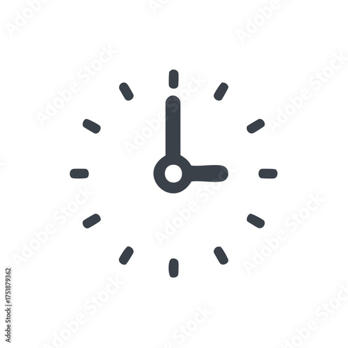 Minimalist clock icon showing three o'clock with simple dark gray hands and markers on white