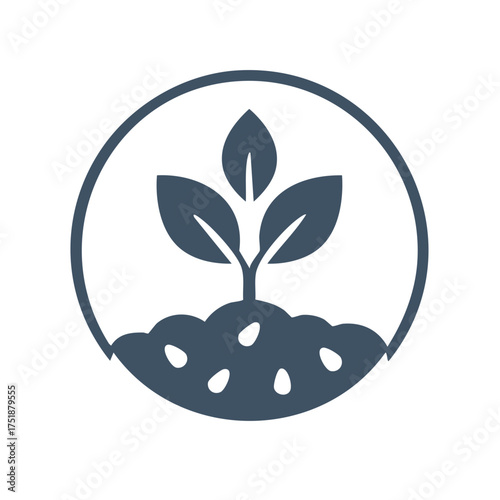 Minimalist graphic icon of a young plant seedling with leaves emerging from soil and seeds, enclosed in a circle.