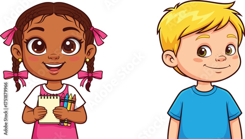 Cartoon children smiling, girl with crayons and notepad, boy in blue shirt, cheerful kids, educational theme, colorful illustration, white background