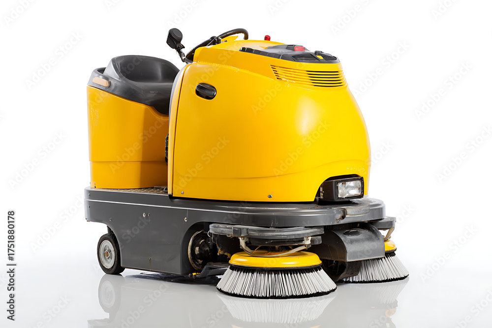 Obraz premium Efficient floor cleaning with a yellow industrial sweeper, a modern solution for maintaining spotless facilities and ensuring hygienic environments
