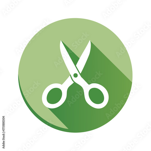 Stylish white scissors flat design graphic with a long shadow in a green circle
