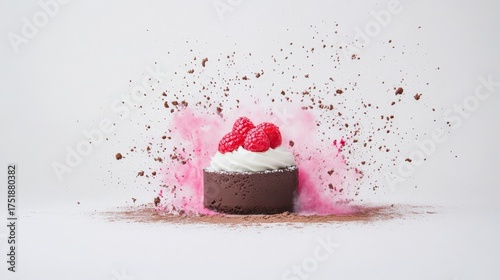 Chocolate Dessert with Raspberries Surrounded by Colorful Powder
