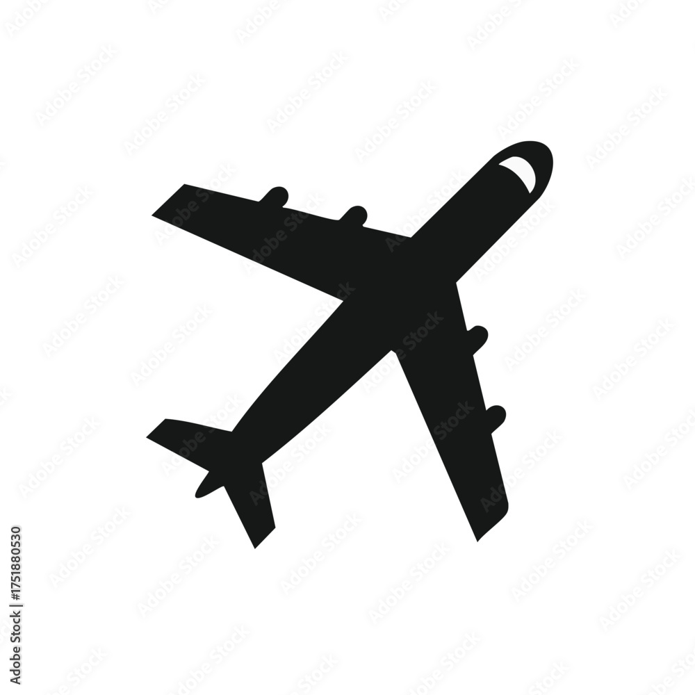 Obraz premium Silhouette of a modern jet airplane flying in a simple vector graphic style