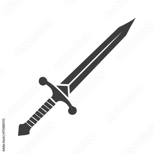 Stylized silhouette of a medieval sword with a pointed blade and hilt