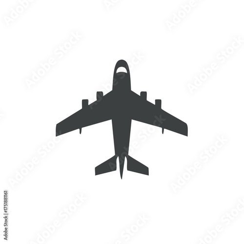 Top view silhouette of a passenger airplane jet flying icon symbol for global travel and aviation concept
