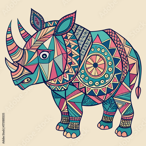 Colorful patterned illustration of rhino silhouette