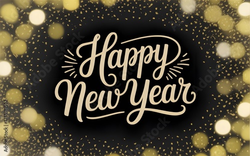 Festive Happy New Year Greeting with Golden Confetti and Bokeh