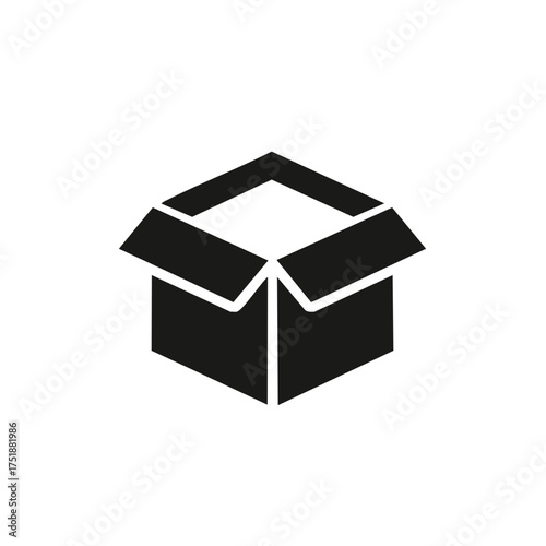 Simple Open Cardboard Box Icon in Black and White Isolated on White Background