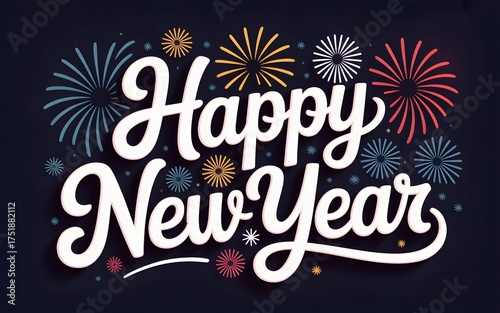 Elegant Happy New Year Greeting Card with Fireworks and Stylish Font