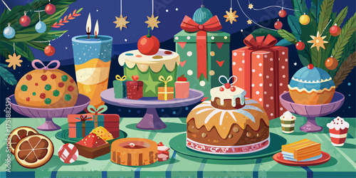 A beautifully illustrated festive holiday table spread, perfect for Christmas, New Year's, or any winter celebration.High-quality illustration with a warm, modern aesthetic.