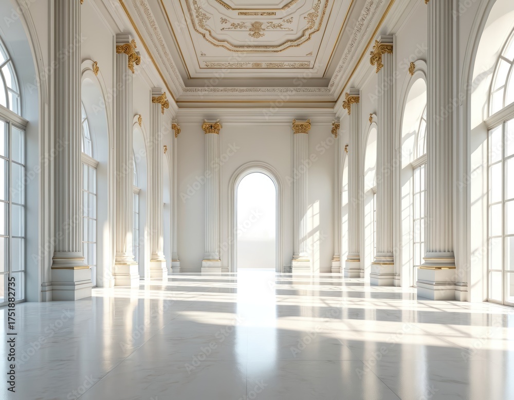 Fototapeta premium Grand white hall with arched windows columns gold accents. Polished floor reflects light. Ornate ceiling moldings suggest luxury. Empty interior space.