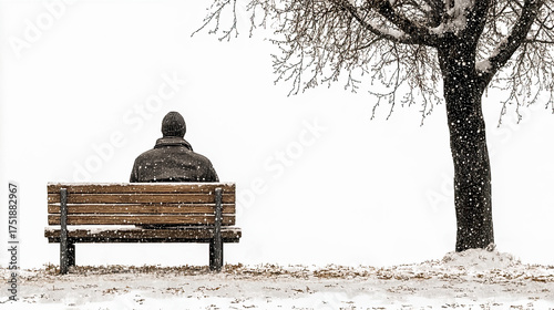 Lonely man sitting on bench during snowfall facing bare tree in minimalist landscape, Generated with AI
