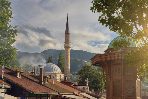 Sarajevo, Bosnia and Herzegovina. The entrance to the Bascarsija district, the old town of Sarajevo, including the Sebilj fountain