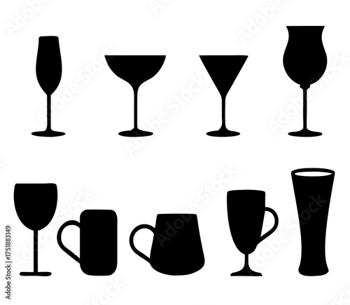 Set of vector glasses. Set of vector glasses for wine, martini, champagne and other