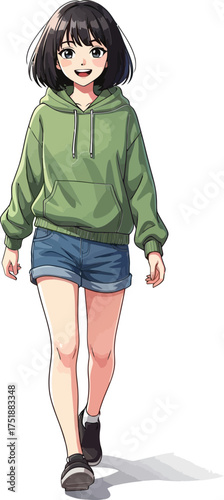 Anime style illustration of a young woman walking wearing a green hoodie and denim shorts isolated on white background