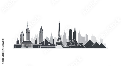 World Landmarks Silhouette: Eiffel Tower Pyramids Opera House Skyscrapers and Global Architecture.