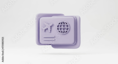 3D Rendered Icon of a Passport with Airplane and Globe Symbols.