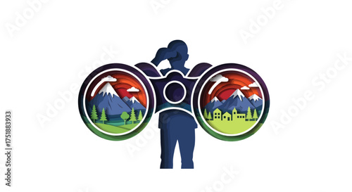 Female photographer silhouette logo with mountain and village landscapes in camera lenses.