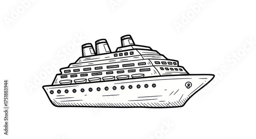 Detailed Black and White Illustration of a Cruise Ship.
