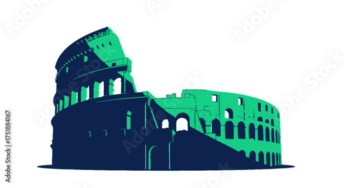 Stylized Green and Blue Illustration of the Roman Colosseum.