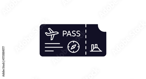 Dark Blue Airline Ticket with Airplane Compass and Building Icon.