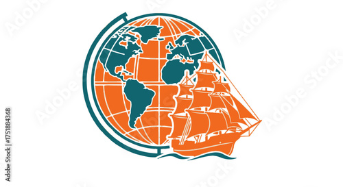 Stylized Globe with Sailing Ship Emblem.